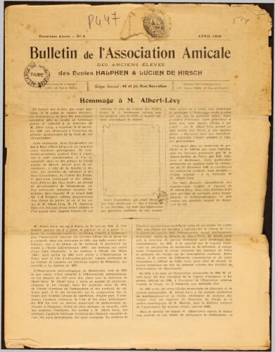 Bulletin de l’Association Amicale des Anciens Elèves des Ecoles Halphen et Hirsch Vol.2 N°6 (avril 1909)